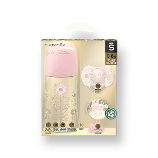 Picture of SUAVINEX PINK SET 270ML 0-6M  SOOTHER + CLIP GOLD